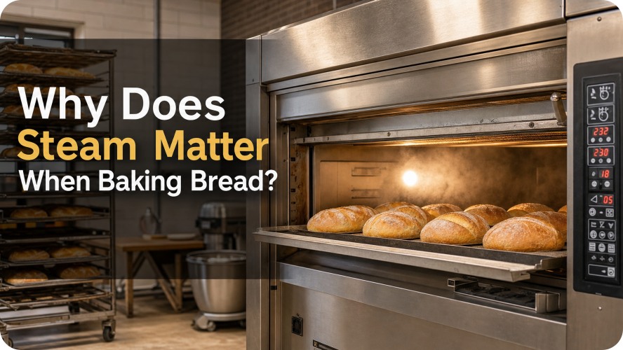Commercial bakery oven using steam during bread baking